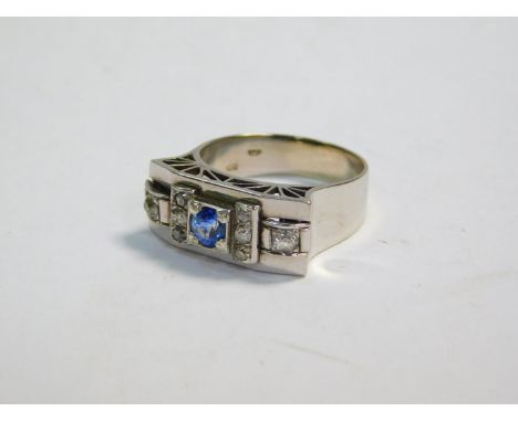 A French Art Deco sapphire and diamond ring, in a rectangular claw setting, white metal, possibly 18ct white gold, size P/Q, 