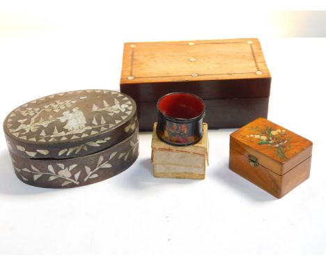 A late Victorian olive wood souvenir box for Nice, painted with spray of flowers, a Russian black lacquer handpainted napkin 