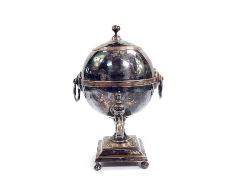 A Regency silver plated samovar, or tea urn, of globular form, with ring handles, raised on a waisted stem, over a rectangula