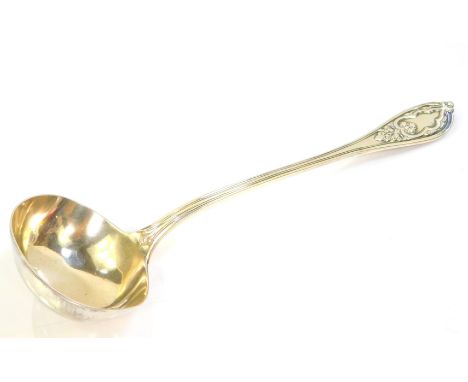 A Victorian silver soup ladle, with Gothic tracery and foliate decoration, reverse monogram engraved, George Adams, Chawner &
