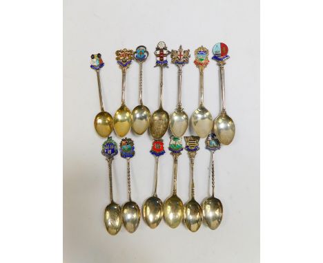 Thirteen silver and enamel commemorative teaspoons, English, Scottish and Irish City and Town Coats of Arms, 6.18oz.