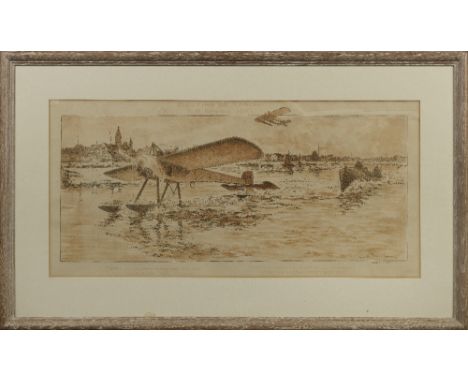 'Meeting de Tamise', a pochoir hand-coloured lithographic print after Andre Nevil,printed by mabileau of Paris on paper, depi