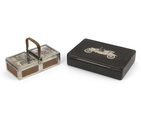 A 'Hunting Scene' cigarette box with double hinged lid,circa 1908,wooden box with nickel plated framework stamped 'Rowenta' t