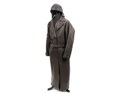 A 'Cirrus' brown leather double-breasted overcoat,modern, with checked lining, buckled cuffs and belt, together with a brown 