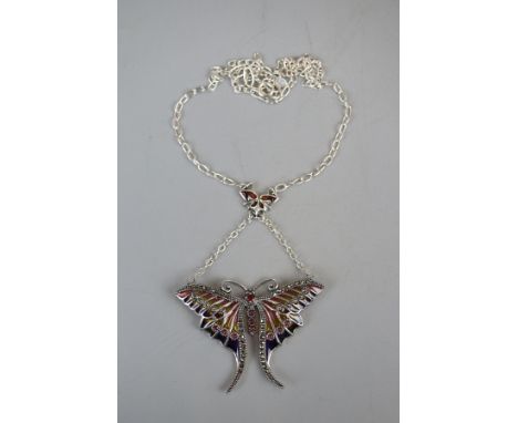 Silver &amp; enamel butterfly pendant on chain 