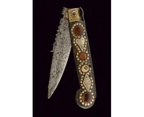 dating: Late 19th Century provenance: Sparanise, Single-edged blade engraved with two lovers and floral motifs, carved on the