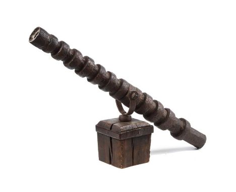 dating: 15th Century provenance: Europe, Cylindrical, made of iron. All reinforced by a series of rings from the nozzle to th