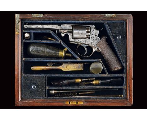 dating: about 1855 provenance: Belgium, Rifled, octagonal, 11 mm cal. barrel with front sight; smooth, five-shot cylinder, wi