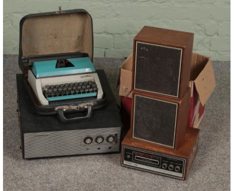 A Kyoto eight track system with player and speakers along with Marconiphone record player and cased Lilliput typewriter.  