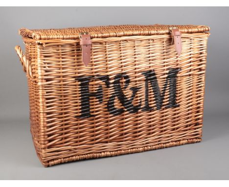 A large Fortnum &amp; Mason picnic hamper basket. Height: 41cm, Width: 58cm, Depth: 41cm.  