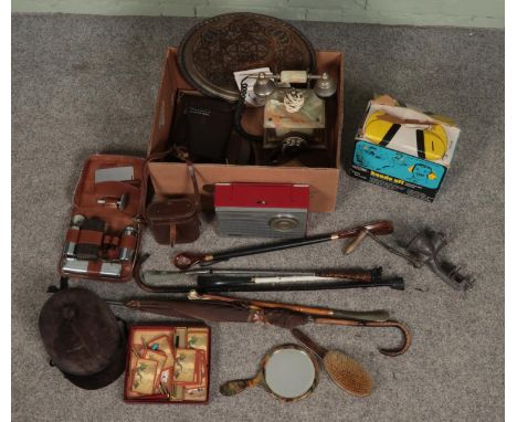 A quantity of mixed collectables including onyx rotary dial telephone, walking sticks &amp; umbrellas, Unisonic hands off pan