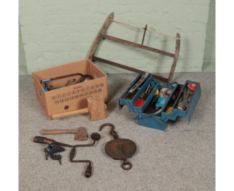 A quantity of tools including metal toolbox filled with drill bits, screw drivers, mole grip etc along with a box of vintage 