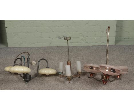 Three three-branch light fittings, to include frosted pink and squat pumpkin shade examples.  One cylindrical shade cracked.