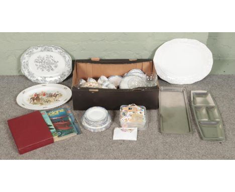 A box of miscellaneous. Includes Mary Jane bone China hunting scene meat plate, stamps, aeroplane magazine, etc.  