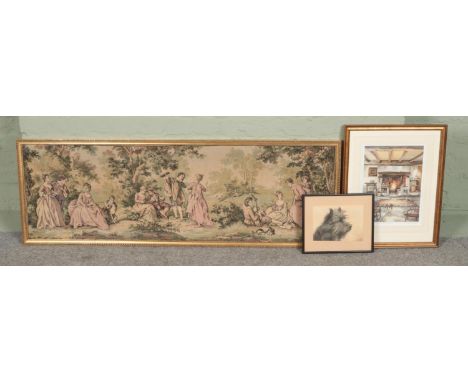 After Judy Boyes, a framed limited edition signed print, along with a large framed tapestry and a framed watercolour of a Ter