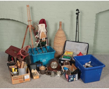 A large quantity of various collectables including kitchen scales, various tools, mantel clocks, binoculars, wooden carved an