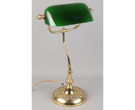 A vintage brass desk lamp with green glass shade. (49cm)  