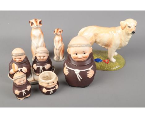A small collection of ceramics to include Royal Doulton Gun Dog Golden Retriever, several Goebel monks and meerkat salt and p
