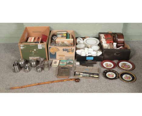 Four boxes of miscellaneous. Includes Smiths Enfield mantel clock, Royal Doulton 'Rondelay' dinner/teawares, Old Hall metalwa