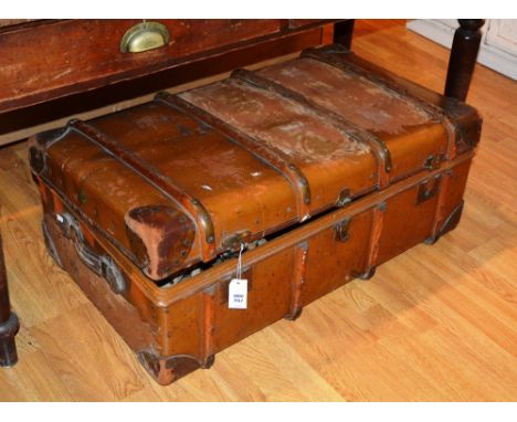 A vintage wood bound travel trunk, 37cm high x 93cm wide, together with a hinged lid enclosing fitted shelf, together with tw