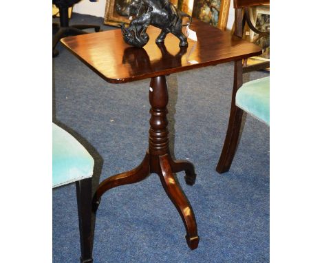 A 19th century mahogany snap top tea table, with square top above ring column support, ending in tripod base, 74cm high x 50c