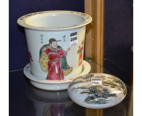 A Chinese planter, decorated with colourful male and female figures and foliate motifs on white ground, six black character m