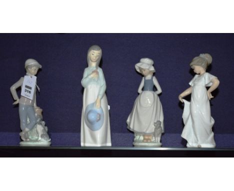 Four nao figures, comprising of boy with dog and three girl figures, 24cm high