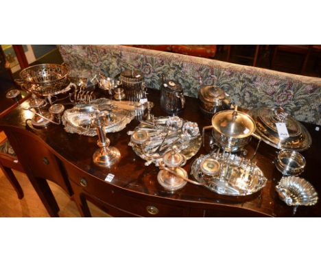 A large quantity of plated wares, to include Victorian tea caddy, entree dishes, toastrack and loose cutlery etc