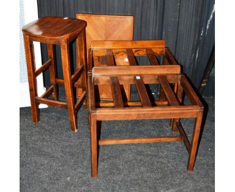 Two vintage luggage racks, 46cm high x 61cm long, together with a mahogany dressing dressing stool and a folding bed tray (4)