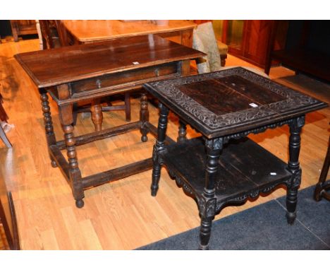 A Jacobean style side table, with single drawer raised on turned bobbin supports, 75cm high x 89cm wide, together with a simi
