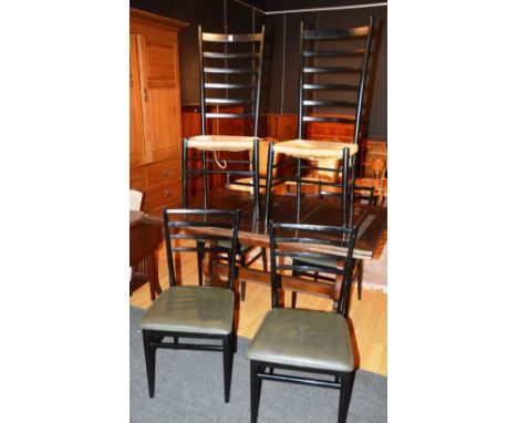 A pair of Italian retro ebonised ladder back chairs, with rush seats, together with four matching retro ebonised ladder back 