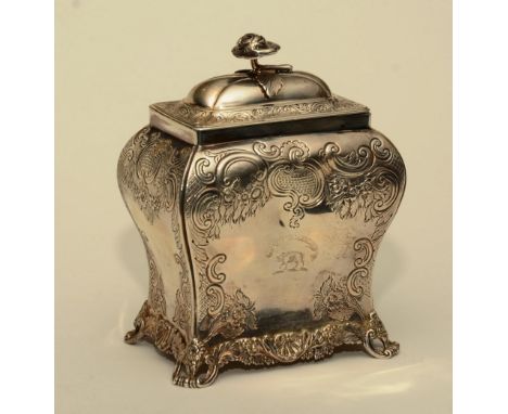 A George IV silver teacaddy, Glasgow 1829 by Robert Gray & Sons, with rose finial, domed rectangular lid, tapering ogee trunk