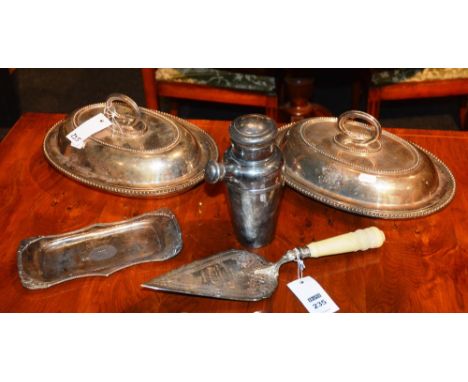 A Victorian presentation trowel, dated 1895, together with a pair of plated entree dishes, cocktail shaker and candle snuffer