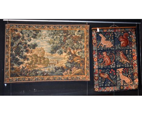 A Belgian needlepoint tapestry, with Continental landscape scene in foliage, 112cm high x 157cm wide, together with a wall ha