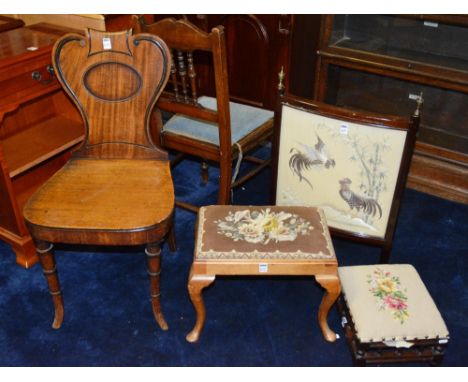 A Victorian mahogany hall chair, with scroll back, solid seat, raised on tapering supports, 86cm high, together with mahogany