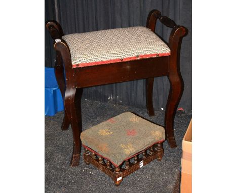 A mahogany piano stool, with hinged seat, 61cm high x 58cm wide, together with a mahogany footstool, 17cm high x 30cm wide (2