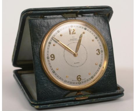 An Omega for Tiffany & Co alarm desk clock, in the form of a Goliath pocket watch, with silvered dial and gilt Arabic numbers