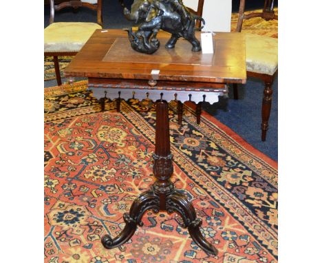 A Victorian tripod table, with converted square shaped top, with shaped frieze above reeded tapering column and downswept sup