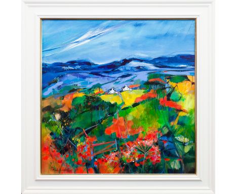 SHELAGH CAMPBELL,RED GATE AND POPPIES ON ARRAN acrylic on canvas, signed70cm x 70cmFramed