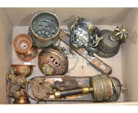 Quantity of miscellaneous oriental metalware including a Buddhistic prayer wheel, three incense burners, temple bell etc.