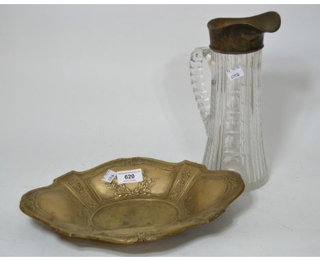 Continental silver (800 mark) embossed and pierced dish and a silver mounted cut glass jug (crack to glass)