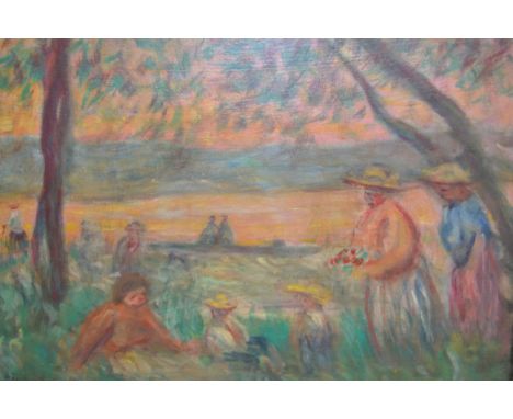 Mid 20th Century Impressionist school, oil on board, figures in a sunset landscape, indistinctly signed, 45 x 50cm, gilt fram