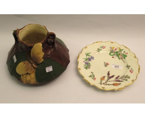 19th Century floral decorated porcelain plate, possibly H & R Daniel, 22cm diameter, together with an Art Nouveau pottery vas