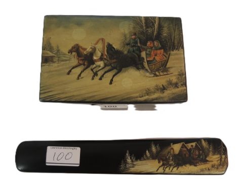 Late 19th Century Russian papier mache box, the hinged cover painted with a Troika scene, 15cm wide, together with a similar 