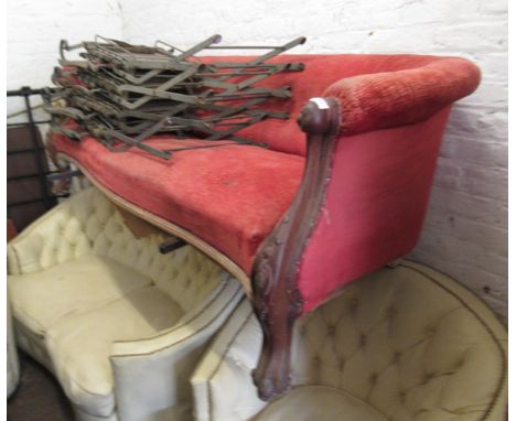 Victorian button upholstered drawing room sofa on mahogany carved cabriole supports (for restoration)