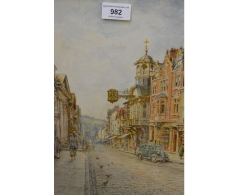 20th Century watercolour, High Street at Guildford with figures and a car, 30 x 26cm, small sketch of a fisherman and a hand 