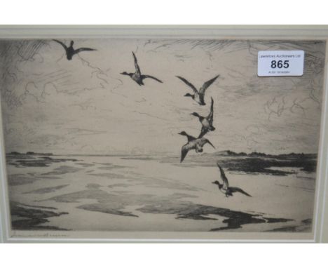 Frank W. Benson, two signed etchings, wildfowl in flight, 18 x 27cm and 20 x 25m