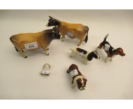 Group of five Beswick figures of animals, Jersey cows, ' Newton Tinkle ' and ' Dunsley Coy Boy ', a cocker spaniel, a Bassett