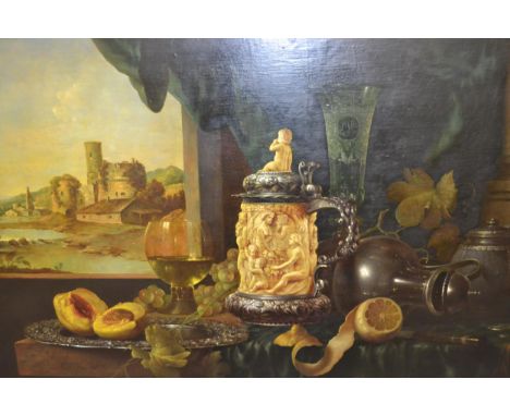 Gyula BubarNik, oil on board, finely executed still life of various objects including a tankard, wine glass and fruit with a 