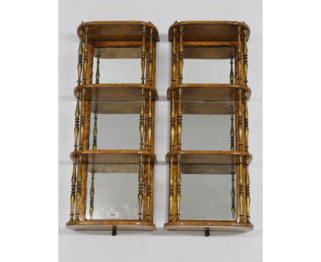 Pair of 19th Century bird's eye maple and giltwood four shelf wall brackets with mirrored backs, 32cm wide x 17cm deep x 76cm